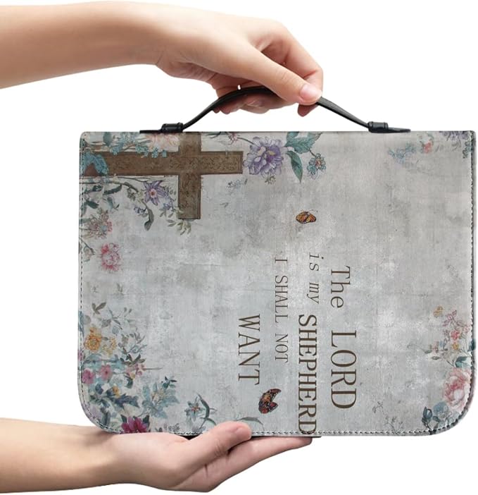 Vintage Style Floral and Cross Bible Case with Bookmark Waterproof Bible Cover Case for Women Lightweight Bible Bag with Handle Pockets Church Book Bag Grey