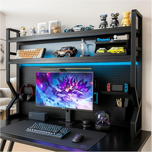 Desktop Hutch Bookshelf,Many Gifts,Metal Desktop Bookcase with pegboard, Desk Shelf Black, Countertop Storage Organizer Rack for Dorm or Office,Desktop Shelves(Black, 37.4" Lx9.9 Wx39 H)