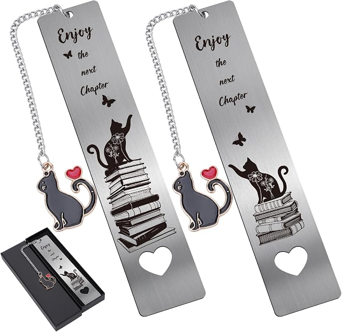 Cute Cat Metal Bookmark - 2 PCs Enjoy The Next Chapter Bookmarks Reading Women Men Teachers Retirement Gifts Book Markers Pendant Book Cat Lovers Readers Students Family Friends Birthday