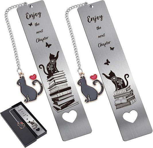 Cute Cat Metal Bookmark - 2 PCs Enjoy The Next Chapter Bookmarks Reading Women Men Teachers Retirement Gifts Book Markers Pendant Book Cat Lovers Readers Students Family Friends Birthday