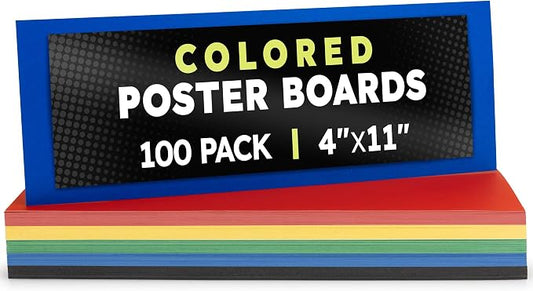 Hygloss Small Colored Poster Board 4x11 - 100 Assorted Standard Color Bulk Pack - Red, Yellow, Green, Blue, Black - 10 Pt. Thickness Poster Board Paper - Posterboard Multipack 4" x 11"