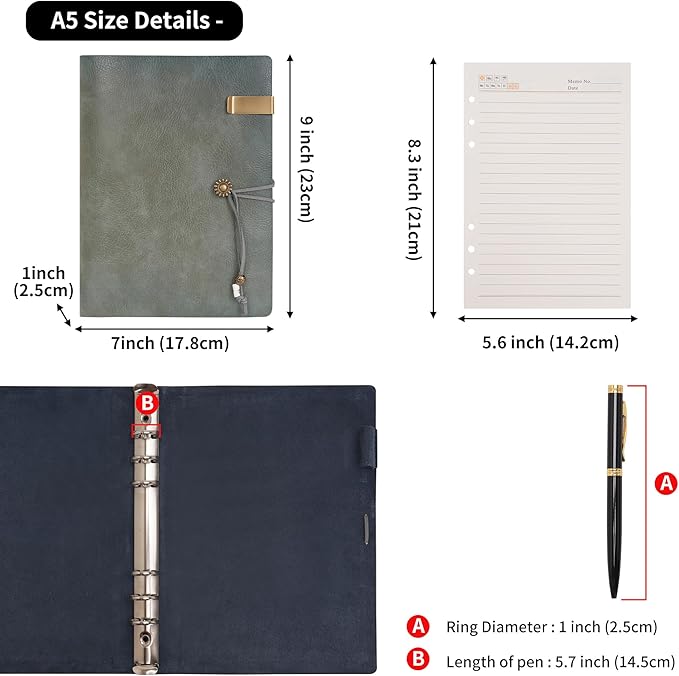 WONDERPOOL Leather Journal Lined Paper Notebook & Pen - Refillable 6 Ring Binder Writing Spiral Diary with Ruled Notepads Vintage Cover for Office Travel Work and Plan Agenda (a-Green, A5)