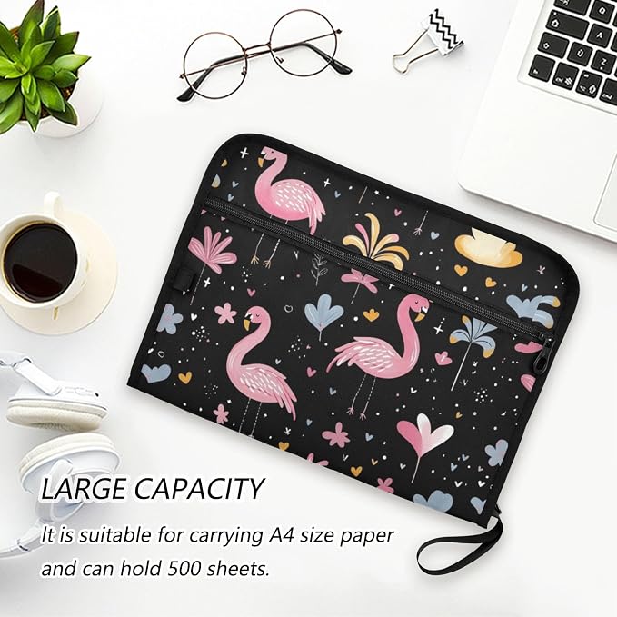 Pink Flamingo Black File Folders,Plastic Folders with 13 Pockets,Expandable File Folder for Documents School Students Office,Aesthetic Folder with Labels A4 Letter Size