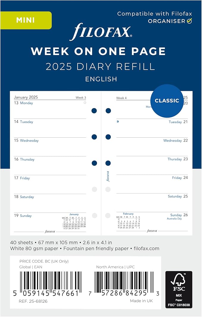 Filofax Calendar Diary Refill, Mini Size, Week on One Page, White Paper, Unruled, English, 2025 (C68126-25)