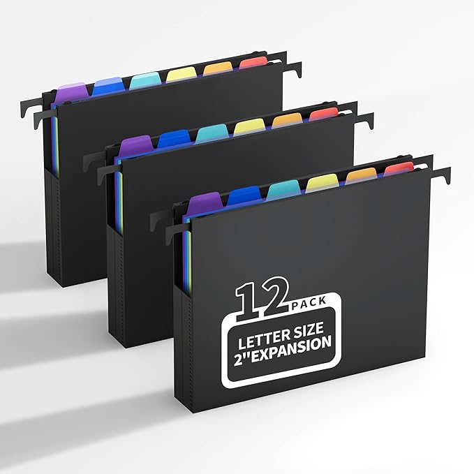 Uquelic Plastic Hanging File Folders Letter Size, 12 Pack Reinforced Heavy Duty Hang Folder with Movable Bright Dividers, Adjustable Tabs, 2" File Organizer for Filing Cabinet, School, Office