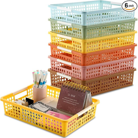 6 PCS Plastic Classroom Turn in Paper Trays Storage Bin Basket Organizers Holds 4A Paper File for School Teacher Supplies Classroom Office Home Organization and Storage Tray (Boho)
