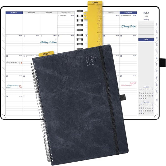 POPRUN 2026-2027 Monthly Planner, Large Size 8.25" x 11.75", from April 2026 - July 2027, Softcover Agenda Calendar, Appointment Book with PU Leather, Spiral Bound, Monthly Tabs, Inner Pocket - Black