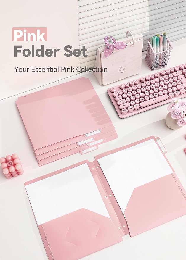 SortRax Plastic Folders with Pockets 3 Hole Punched, 6 Pack Pink Pocket Folders for 3 Ring Binder, Unique 1/3 Cut Tabs with Colorful Labels, School Folders, Letter Size
