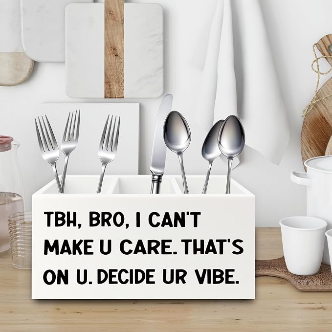 Funny Pen Pencil Holder Organizer for Desk, High School Classroom Decor, Funny Tbh Bro I Can't Make U Care Wooden Box Sign for Home Office Classroom Desk Tabletop Decorations