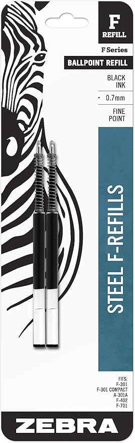 Zebra Pen Steel, F-Refill Ballpoint Ink Refills, 0.7mm Fine Point, Black Ink, Fits Zebra F-301, F-402, and F-701 Ballpoint Pens, Smooth Writing Performance, 2-Pack (85512)