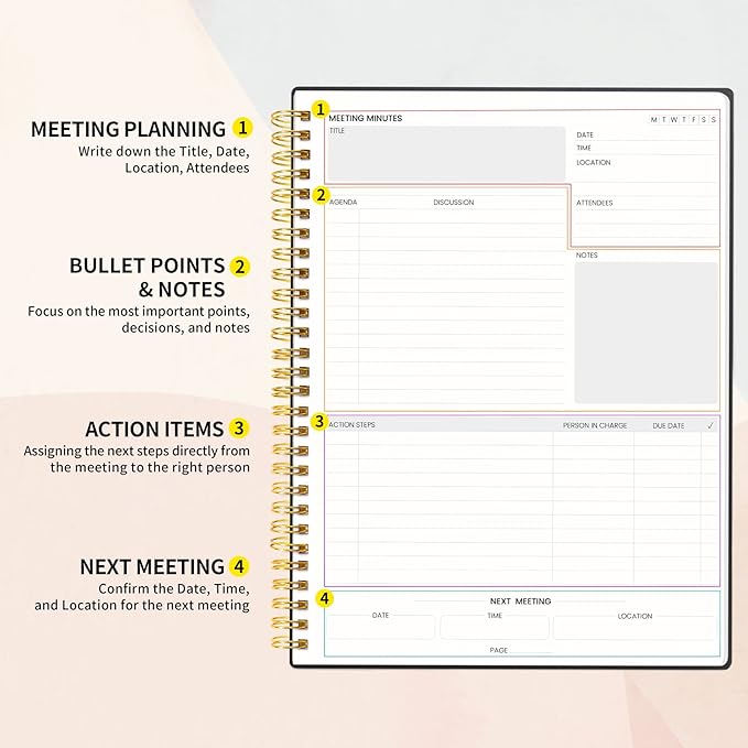 SUNEE Meeting Notebook for Work with Sticky Tabs - 160 Pages, B5 Size Project Planner, Spiral Meeting Agenda/Minutes Notebook Organizer for Women Men, Note Taking, Office & Business, 7"x10", Black