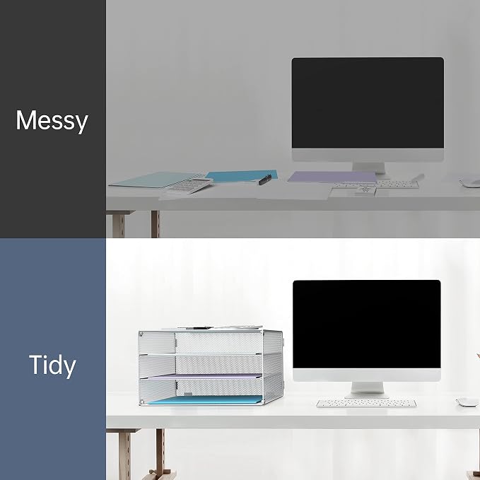 DALTACK 3 Tier Letter Tray Paper Organizer for Desk, Mesh Metal Desk File Organizer with Sliding Trays for Letter/A4 Paper, Mail, Bills & Folders, White