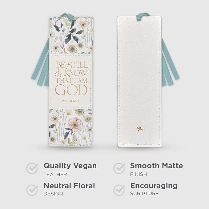 Christian Art Gifts Premium Inspirational Vegan Leather Scripture Bookmark for Women: Be Still & Know Encouraging Gold Bible Verse, Blue Satin Ribbon, Reading, Marking Pages, White Multicolor Floral