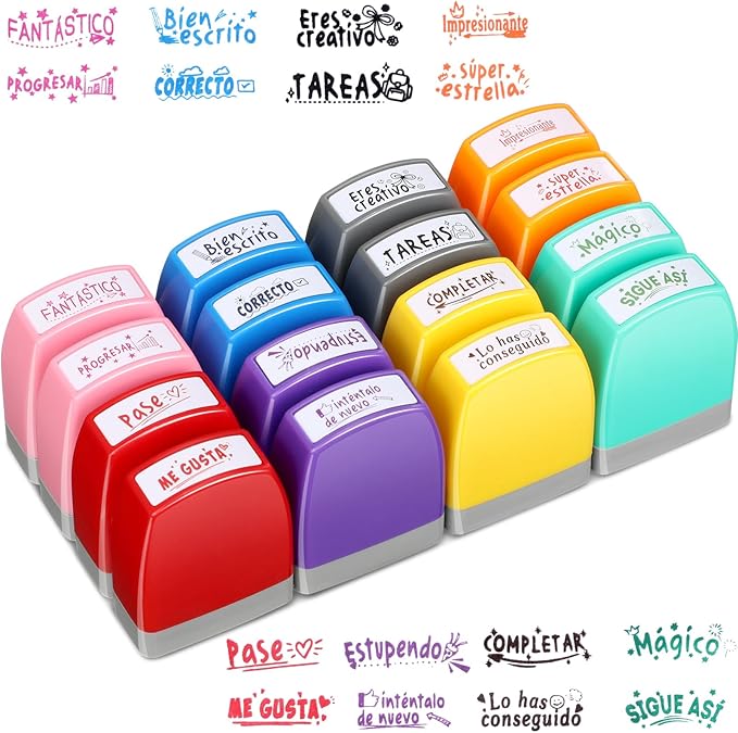 Jetec 16 Pcs Spanish Teacher Self Inking Stamps Teacher Gifts Motivation Grading Stamps for Signature Homework Reward Supplies(Rectangular)