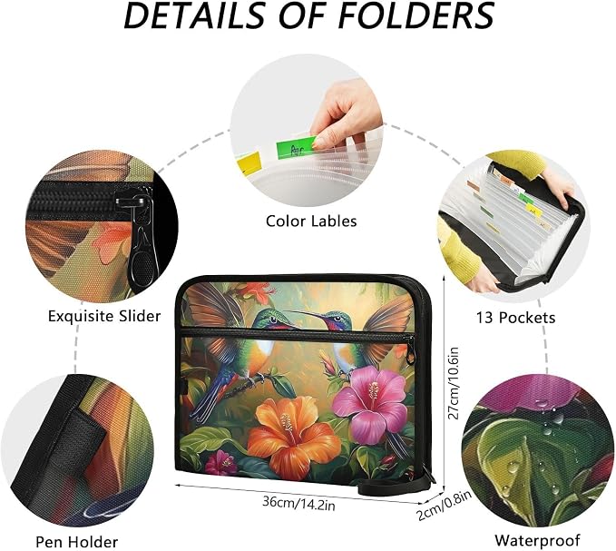 Expanding File Folder Hummingbirds Butterflies Spring Floral Accordion File Organizer 13 Pockets Document Organizer with Zipper Labels A4 Letter Office Storage
