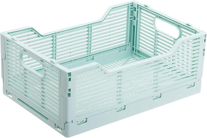 CTG Truu Design Folding Plastic Crates, 30.5 x 20.3 x 11.4cm, Seafoam, 1Pack, Stackable Collapsible Storage Baskets Organizer for Home Office and Outdoor