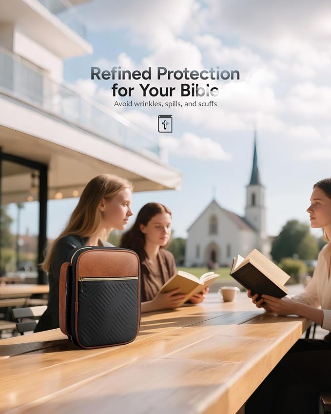 BellaHold Quilted Vegan Leather Bible Cover, Color-Blocked Bible Cover Case for Women, Bible Carrying Case with Handle, Bible Study Supplies & Christian Gift for Women (Black & Brown, TS/S)