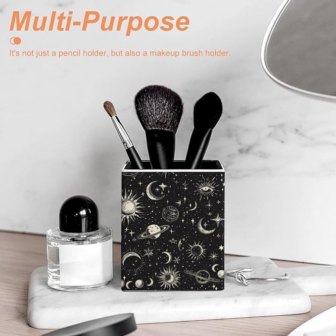 Stars Moon Sun Print Square Leather Pen Holder, Minimalist Desk Organizer for Office Home School, Pencil & Stationery Storage Box, Gift for Students Teachers Colleagues