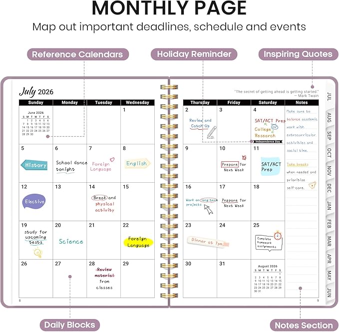 Planner 2026-2027 for Women & Men, Academic Monthly and Weekly Calendar Planner, Jul 2026 - Jun 2027, A4 (8.5" x 11"), Teacher Student Planning Book with Tabs, Ideal for Office School Supplies - Boho Purple