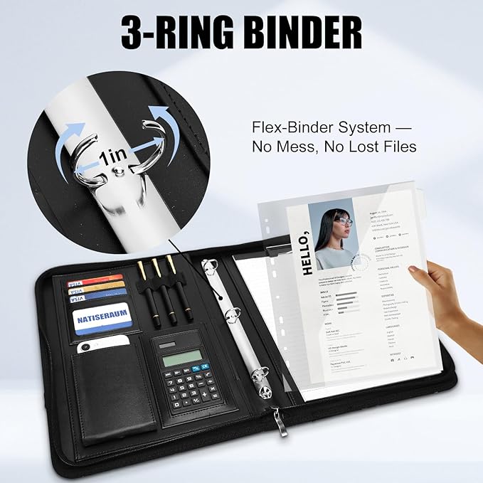 Portfolio Binder 3 Ring Includes Pen and 5 Dividers with 10 Pockets, Padfolio Organizer with Magnetic Handle for Men and Women, Includes A4 Notepad for Business, School, Work