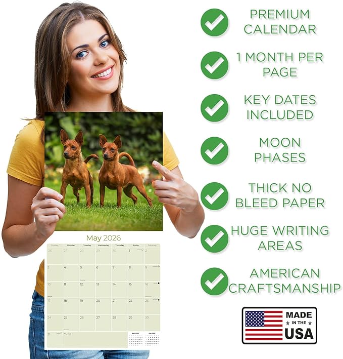 Miniature Pinscher Calendar 2026 by MegaCalendars – Monthly Dog Breed Wall Calendar, Made in USA