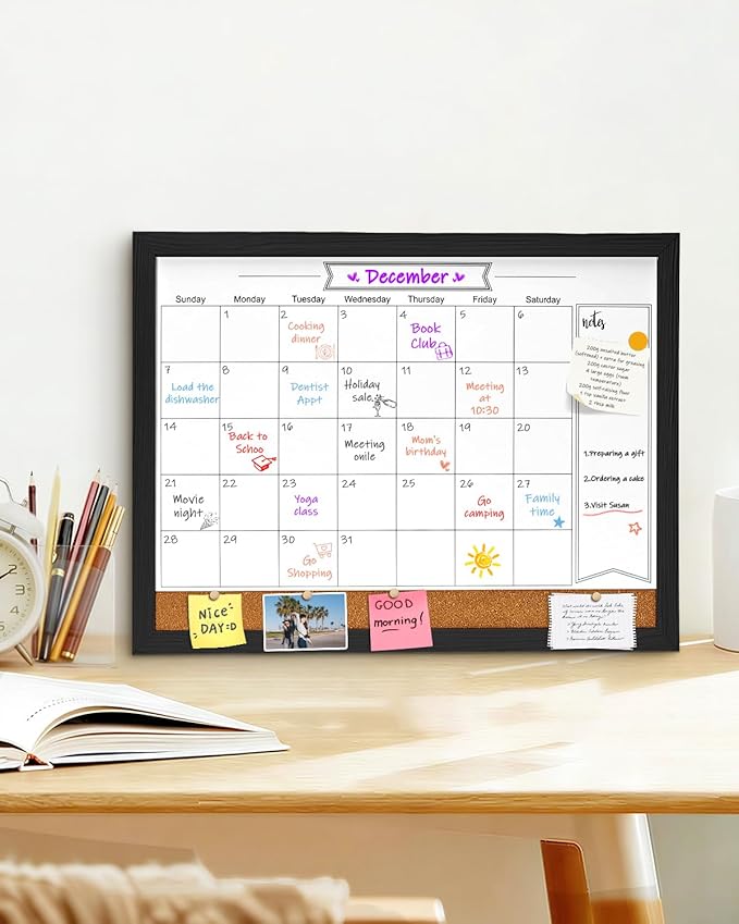 Dry Erase Calendar Whiteboard for Wall, Magnetic 13" x 17" Combination Dry Erase Board & Bulletin Board, 2in1 White Board Cork Board Combo(Black)