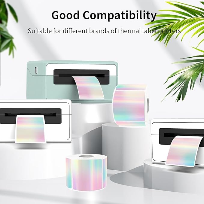 2x2 Inch Square Thermal Label Stickers, Holographic Square Direct Thermal Sticker Labels, Perforation Line Design- Holographic Rainbow Color