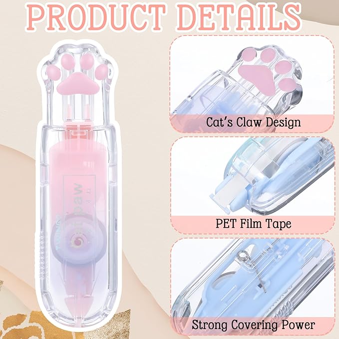 Piriuuo 3 Pcs Correction Tape, Retractable Correction Tape Pen Cute Cat Paw Pen Double Sided Tapes Roller for Instant Corrections Glue Tapes Roller for School Office Supplies