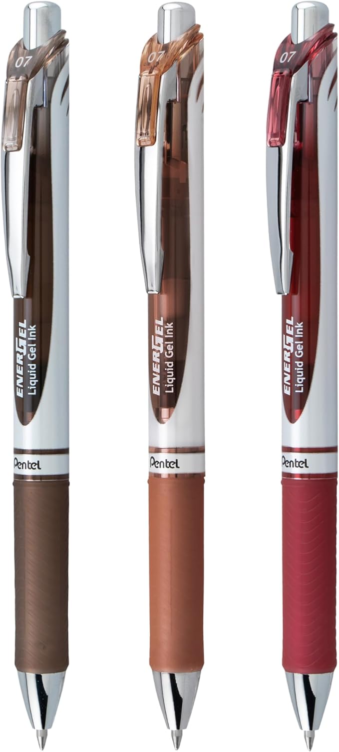 Pentel EnerGel RTX Retractable Liquid Gel Pen, Change Hue, 0.7mm, Sepia, Brown and Burgundy Ink, Pack of 3 Pens (BL77CHABP3M)