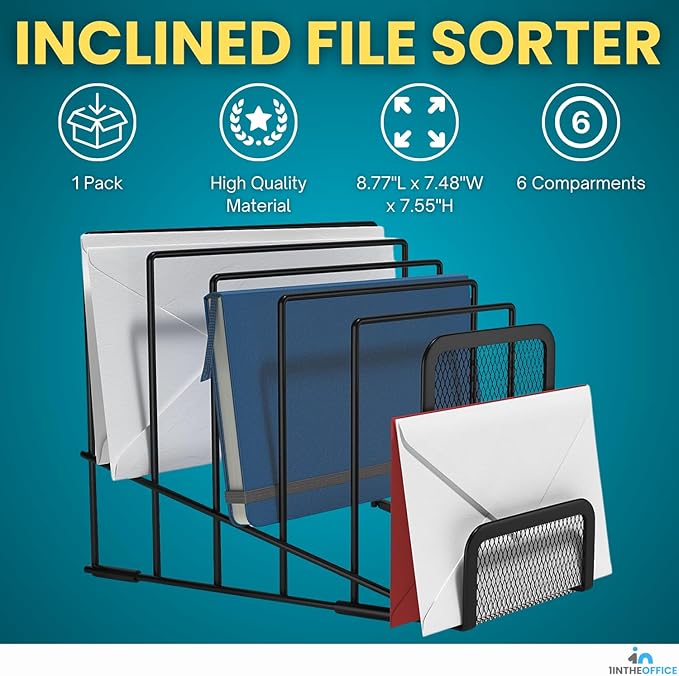 1InTheOffice Metal Incline Desktop File Sorter, Wire File Organizer, Multi Step File Organizer, Black Wire Mesh Step Sorter, Wire File Rack
