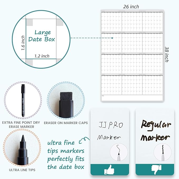 Large Dry Erase Wall Calendar - Blank Undated Yearly Wall Calendar - 38x26 Inches Whiteboard Premium Laminated Planner with 50 Reusable Color Tabs -12-Month Calendar Laminated Office Jumbo (Vertical)