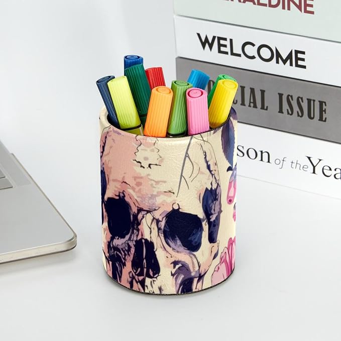 Pen Cup Holder for Desk, Large Pen and Pencil Holder, Skulls with colorful Floral Art Pattern Desk Stationery Organizer Makeup Brush Holder for Home, Office, School