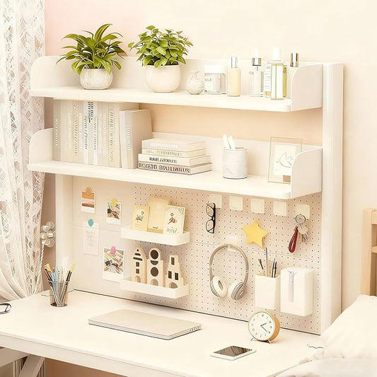 Clamp On Desk Shelf Organizer with Pegboard Desk Hutch Dorm with Storage Bookshelf Desk Top Organizer Shelf Multi-Purpose White & Black Desktop Shelves & Office Shelves(White, W - 39.4")