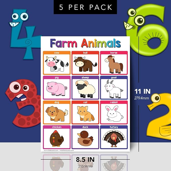 Educational Charts for Preschool to Grade 1 – Bright and Colorful Educational Visual / Learning Aid Wall Art Posters for Classroom | Glossy Durable Cardstock | 8.5" x 11" | 5 per Pack (Farm Animals)