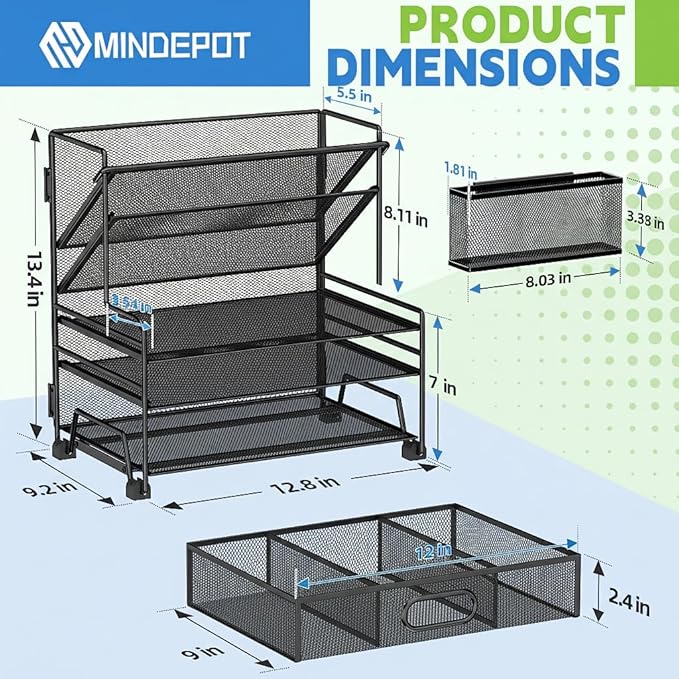 MINDEPOT 3-Tier Paper Organizer + 2-Pocket File Holder, Desktop File Organizers Paper Tray for Office School Classroom Workspace Organization