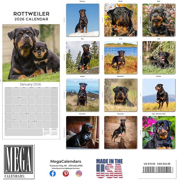 Rottweiler Calendar 2026 by MegaCalendars – Monthly Dog Breed Wall Calendar, Made in USA