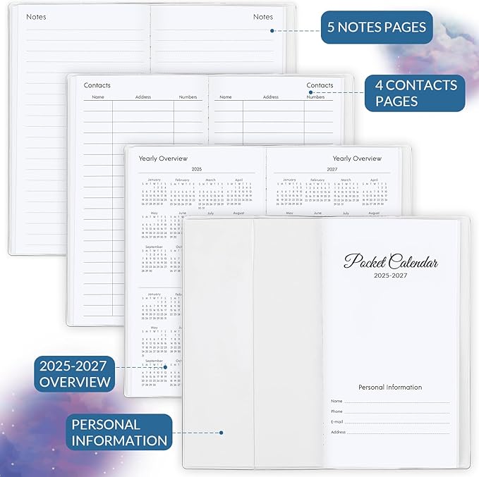 Phyxin Pocket Calendar 2025-2027, Two Year Pocket Planner - Runs From Jul 2025 Until Dec 2027, Small Size Planner - 6.7" x 3.7", Small Calendar for Easy Organizing, Sky