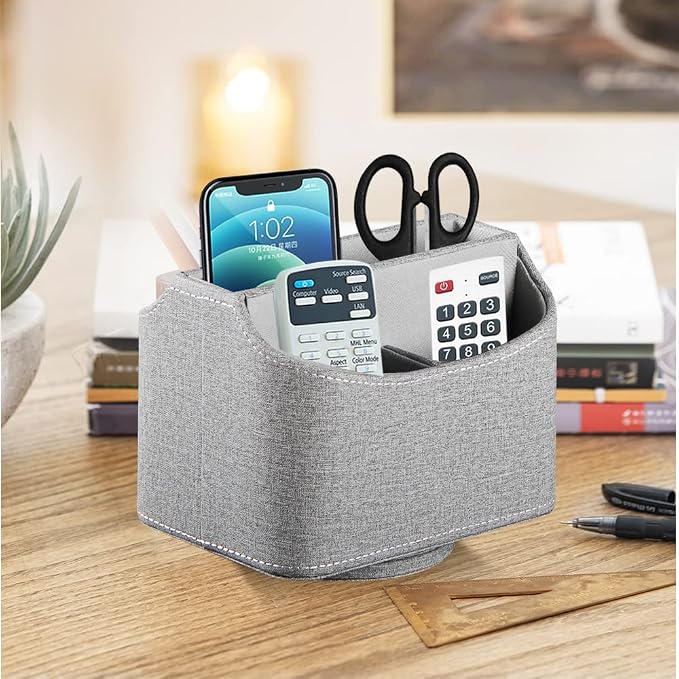 360° Rotating Remote Control Holder, PU Leather TV Remote Caddy Organizer Basket Storage Box with 5 Compartments for Pen, Pencil, Art Supplies, Makeup Brush, Office Desk Table Accessories