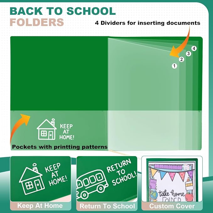 24 Pcs Back to School Take Home Folders for Elementary Students 2 Pocket Folders with Clear Front Pocket 4 Inner Pockets Plastic Parent Teacher Communication Folder 11.81 x 9.45 Inch (Green)