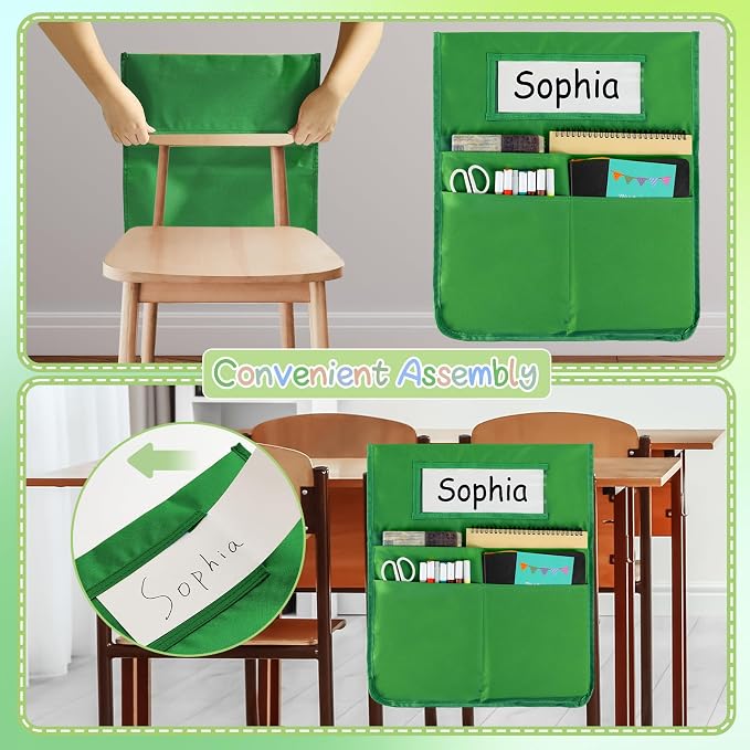 gisgfim 12 Pcs Chair Pockets for Classroom 16.7 x 19.3 Inch s with Name Tag Chairback 3 Pockets Chairs Seat Back Organizer for Elementary School Daycare Home Supply (Greenery)