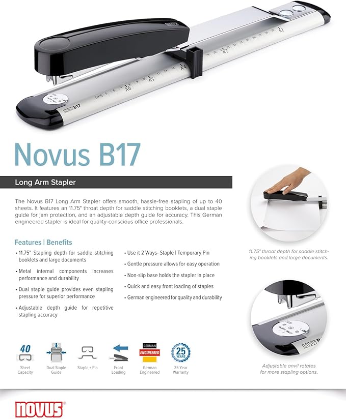 Novus B17 Long Arm Stapler, 11.75" Staple Depth, 40 Sheet Capacity, German Engineered, Staple | Pin, Steel Drive, 25 Year Warranty (020-1535)