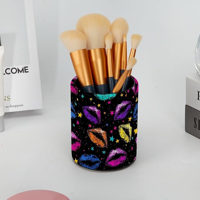 Colorful Lips Leather Pen Holder for Desk, Multifunctional Desktop Organizer Pencil Cup, Desktop Caddy Stationery Organizer for School Home Office Desk Accessories