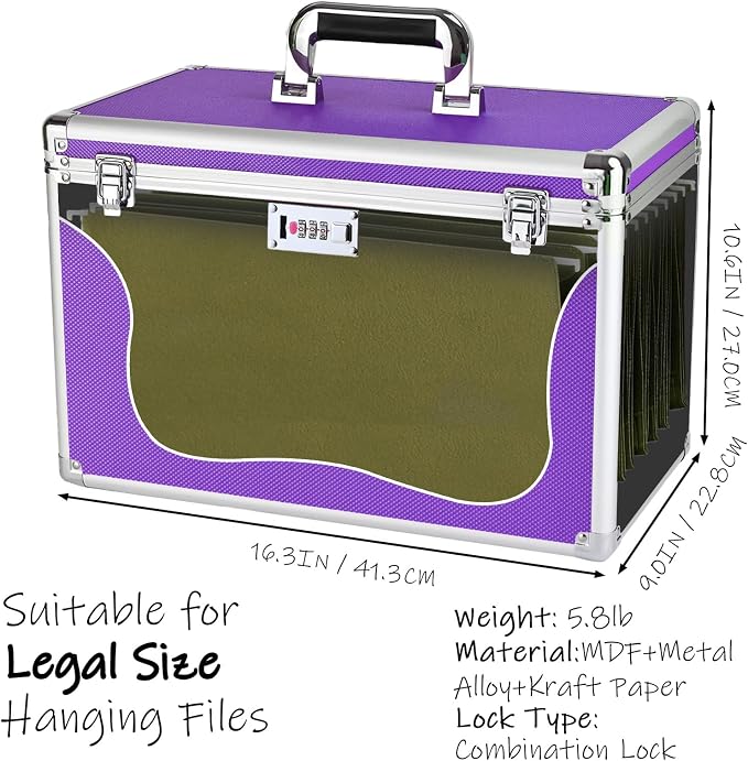 File Storage Cabinet for Legal Size Hanging File Folders, Suspension File Holder, Document Organizer Filing Lockbox in Office and Home with Combination Lock and 10-pack Hanging Files (Purple, Legal)
