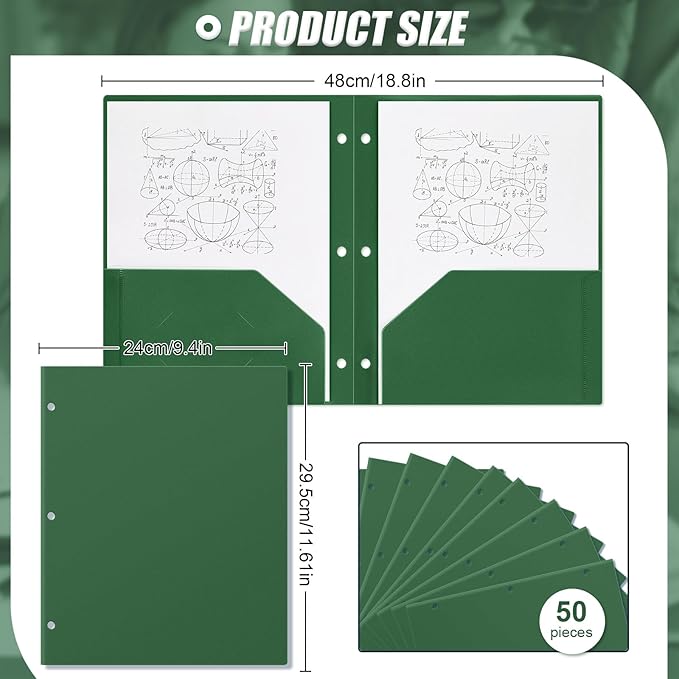 Yeaqee 50 Pcs Plastic Folders with Pockets Bulk 3 Hole Punched 2 Pocket File Folders for 3 Ring Binder Divider Folder for Notebooks, Durable Poly for Office Home (Dark Green)