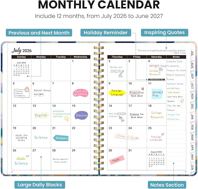 Planner 2026–2027, Academic Planner Weekly and Monthly Calendar Jul 2026 – Jun 2027 Hardcover Planner with Tabs and Pocket, Spiral Bound Agenda Book for Student & Teacher, 6.3" x 8.5", Balloon Valley