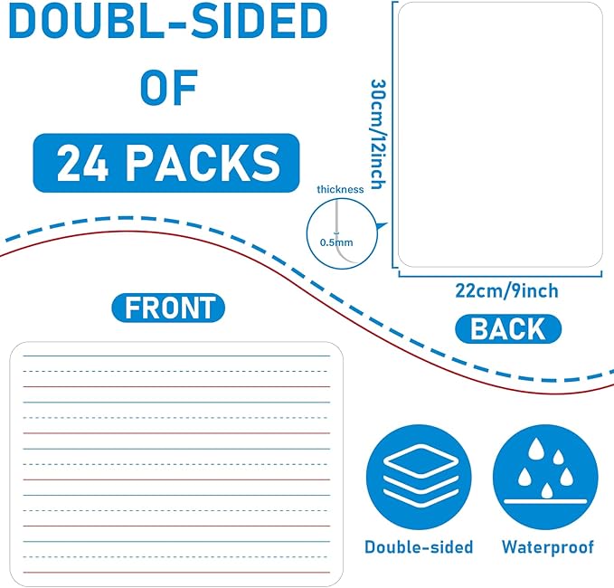 24pcs Double Sided Cardboard Lined Dry Erase Whiteboard Ruled Writing Paper Cardboard Handwriting Practice for Student Teacher Learning Tool Mini Portable Drawing Learning 12" x 9"