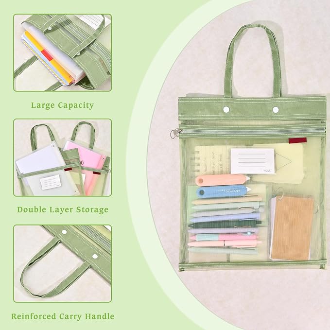 2-Pack Mesh Zipper Pouch Bags with Handles, Double-Layer Nylon Document Bag with Label Pocket, File Storage Pouches for Office Supplies School Travel (Green)