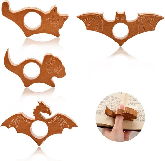 4 PCS Thumb Book Holder - Wood Thumb Book Page Holder Set, One Handed Animal Themed Bookmark Opener for Reading, Bookworm Gifts for Readers Women Men (Cat Dog Dragon Bat)