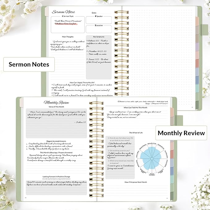SUNEE Christian Planner - Undated 12 Month Bible Journal and Prayer Planner A5 Spiral Bound, Monthly & Weekly Christian Organizer Gifts for Women Men (Grey Green)