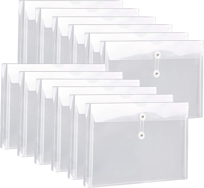 FANWU Plastic Legal Size Expandable Envelopes with String Tie Closure, 1-1/4" Expansion, Side Load, Clear File Folders Poly Project Paper Documents Organizer for Office School Home 12 Pack